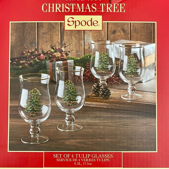 SPODE Christmas Tree Tulip Glasses Set of 4 New in Box - Picture 6 of 7